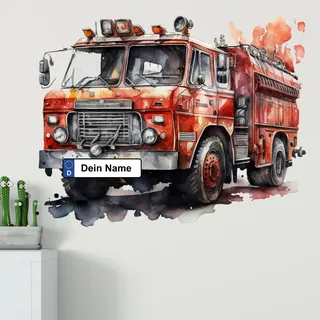 GRAZDesign Wandtattoo Feuerwehr Kinderzimmer Junge mit Namen personalisiert, Wand Aufkleber Tattoo Kinder Auto, Feuerwehrauto Wandaufkleber für Jungenzimmer 73x57cm