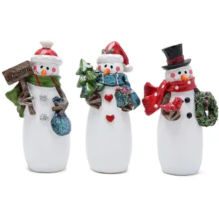 Hodao Weihnachts-Schneemann-Figuren 3er-Set – handbemalte Schneemänner aus Kunstharz mit Weihnachtsbaum, Geschenkbox, Kranz & Willkommensschild – Winterdekoration & Geschenk für gestuftes Tablett