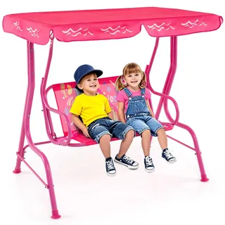 GOPLUS Hollywoodschaukel Kinder Outdoor, 2-Sitzer Terrassenschaukel mit verstellbarem Baldachin & Sicherheitsgurten, Kinderschaukel für Kinder ab 3 Jahren, ideal für Hinterhof, & Rasen (Rosa)