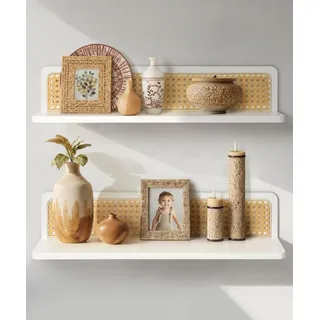 Wandregal Set von 2 - Rattan/Holz - Wandmontierte Regale - 60 cm breit/15 cm tief - Naturbelassen
