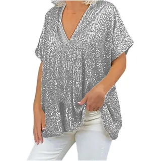 Hsternexy Glitzer Oberteile Damen V-Ausschnitt Pailletten Bluse Italienische Mode Damen Große Größen Glitzer Shirt Elegant Kurzarm Glitzerbluse Party Cocktail Top