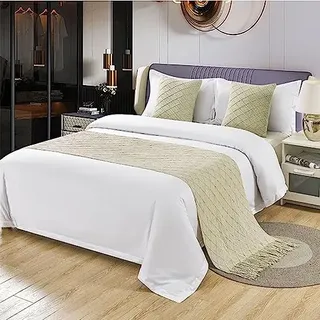 Morbuy Moderne Hotel Bettläufer Schals Quasten Schal Bettlaufer Bettschal Bettschwanz Handtuch Dekoration Für Einzel Queen King Size Bett Flagge (60x230cm für 150cm Bett,Beige)