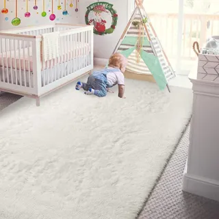 CHENMIAO Teppich Wohnzimmer 180 x 180 cm Anti Rutsch Extra Große Flauschig Bettvorleger Plüschteppich Anti-Rutsch-Rückseite für Schlafzimmer Schlafzimmer, Weiß