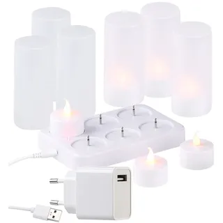 Lunartec LED Kerze USB aufladbar: 6 Akku-LED-Teelichter, flackernde Flamme, Acrylgläser, Ladestation (wiederaufladbare Kerzen, Kerzen zum aufladen, Sets)