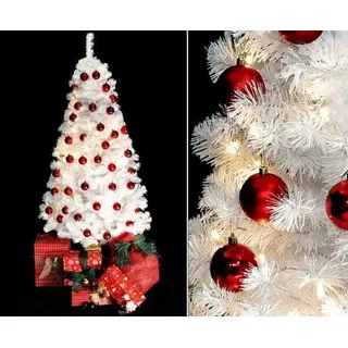 Weißer Weihnachtsbaum fertig geschmückt mit roten Kugeln 180cm und 192 LEDs von
