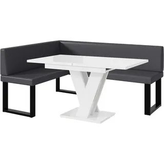 MEBLINI Eckbank für Esszimmer mit ausziehbarem Tisch - Küchenbank - Essecke - Sitzecke Küche - ERIC - U-Beine 128x168x87cm Links - Grau Kunstleder/M Weiß Hochgl.