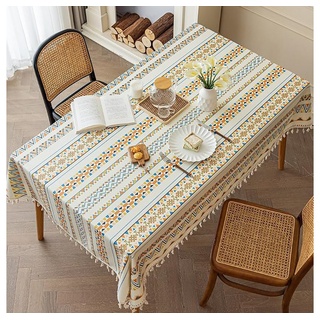 BlauCoastal Tischdecke Boho-Tischdecke, waschbare Quasten-Tischdecke, Wasser- und schmutzabweisend, geeignet für Tischdekoration Blumen - 140 cm x 200 cm