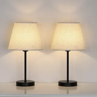 Schlafzimmer Tischlampen, Kleine Nachttischlampen Set von 2, Schwarze Metall Nachttischlampen mit Leinenschatten für Schminktisch Wohnzimmer