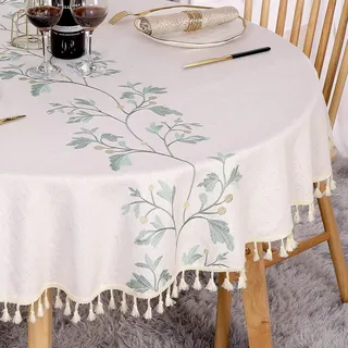 Lntyq Runde, Fleckenabweisende, Beige Tischdecke Aus Baumwoll-leinen-mischgewebe, Waschbar, Mit Fransen Und Grüner Blattstickerei, 120 Cm Durchmesser.