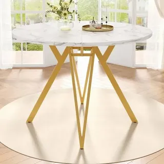 Esstisch Rund, Tisch Rund 100cm, Wohnzimmertisch Marmor Modern, Küchentisch, Esstisch Weiß mit Metall Beine, Esszimmertisch, Esstische für Esszimme