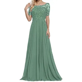 yhfshop Damen Festliche Kleider Maxi Hochzeit,Schulter-Kurzarm-Partykleid mit Spitzenapplikationen-grau Grün_46 (US16W),Damen Abendkleider Lang
