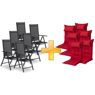 sunnypillow 6er Set Gartenstühle und Gartenstuhlauflagen Hochlehner | 120x50x9 cm Hochlehner Auflage wasserdicht UV-lichtecht |Rot