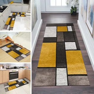 Teppich Läufer Flur rutschfest 70x250cm Küchenteppich Patchwork Braun Gelb Grau Waschbar Meterware Schlafzimmer Korridor Teppichläufer Lang, Länge Anpassbare, 60/ 70/ 80/ 90/ 100/ 110/ 120cm Breit