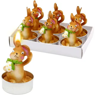 Dekohelden24 - Oster-Teelichte - Teelicht-Kerze als Osterhase mit Osterei im 6er Set, Braun, Maße je Teelicht ca. 4,5 x 6 cm.