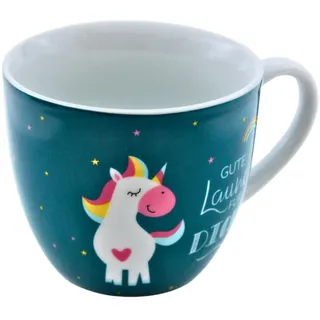 Maxi-XXL Kaffeebecher/Tasse aus Porzellan, XXL Kaffeepot, Motiv: Einhorn, Gute Laune für dich, Größe H/Ø: 9,2 x 10,5 cm, Fassungsvermögen 400 ml, Spülmaschinengeeignet.