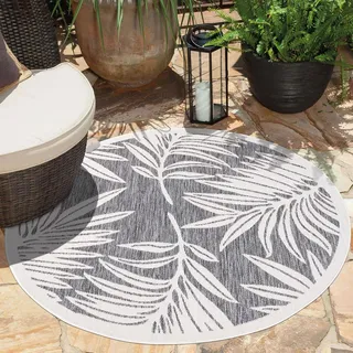 carpet city Outdoor-Teppich Wetterfest Balkon Terrassen - Grau in 160x160 cm Rund - Deko Teppiche Außen Wasserfest - Balkondekoration Florale-Optik Wohnzimmerteppiche