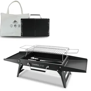 Charmline Tragbarer Holzkohlegrill, Klappbarer Campinggrill 35 x 23 cm für 1–3 Personen, Mini BBQ Grill für Balkon, Garten, Camping, Picknick und Strand, Schwarz