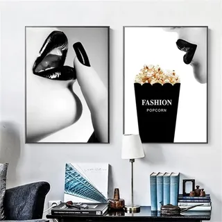 CULASIGN 2er Set Bilder Schwarz Weiß Poster Set OHNE Rahmen, Vintage Schwarz Weiß Frau Popcorn Wandbilder für Schlafzimmer Wohnzimmer Büro Flur Eingang (40x50cm)