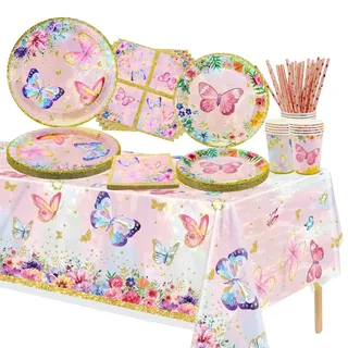XJLANTTE 106 PCS Schmetterling Geburtstag Party Supplies - Schmetterling Teller, Servietten, Tassen und Tischdecke für Mädchen Baby-Dusche, Fairy Themed Party Dekorationen, serviert 20 Gäste