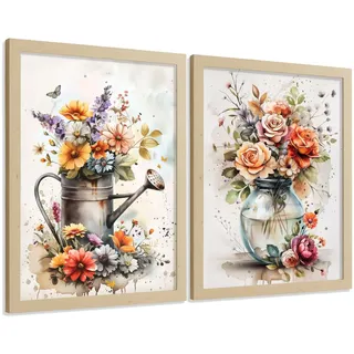 POSTER 2er Set Blumen-Wandbilder Rosen in Vase Botanisches Aquarell Bunt Küche Wohnzimmer Wanddeko Rahmenlos A3