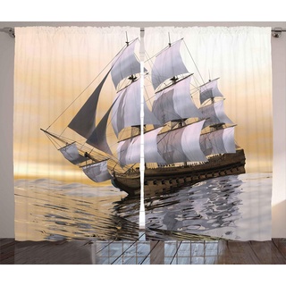 ABAKUHAUS maritim Rustikaler Vorhang, Schiff auf Ozean, Wohnzimmer Universalband Gardinen mit Schlaufen und Haken, 280 x 260 cm, Blasse Taupe