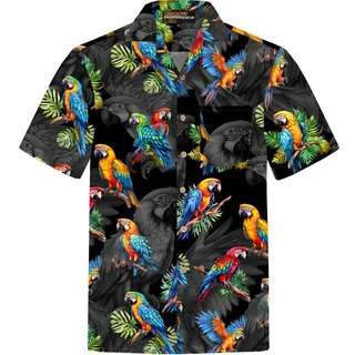 Hawaiihemdshop.de Hawaiihemd Hawaii Hemd Herren Baumwolle Kurzarm Hawaiihemd mit Papageien rot|schwarz L
