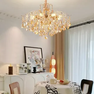 DOCJX Kristall Gold Kronleuchte Moderne Pendelleuchte, Kristall Lampenschirm Hängelampe Für Lampe Wohnzimmer Esszimmer, Pendellampe Mit E14 Lüster Für Schlafzimmer Küche Villa, Deckenleuchte(60CM)