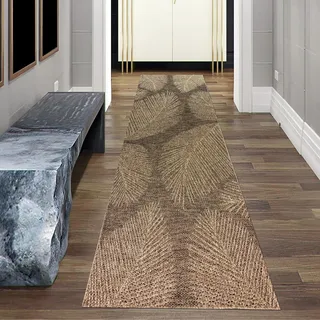 Teppich-Traum Teppich Teppichläufer Flur Indoor- Outdoorteppich wetterfest in dezentem Blättermuster in Beige Braun 80 x 250 cm