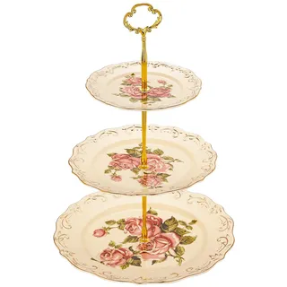 YOLIFE Etagère Porzellan, Tortenständer 3 Stöckig, Etagen für Cupcakes, Muffins (Muster der Rosen)