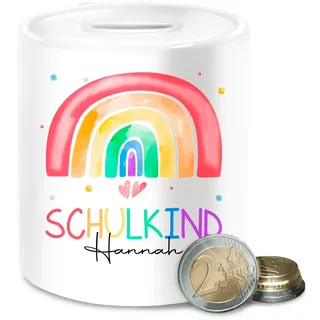 Spardose - Schulanfang & Bedruckt - Regenbogen Schulkind mit Namen I Geschenk zur Einschulung Geschenk personalisiert - Unisize - Weiß - personalisierte Geschenke schulanfänger Schule spardosen