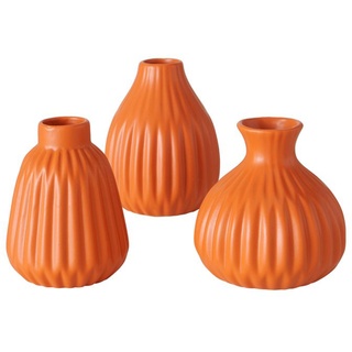 Deko Vase im 3er Set aus Keramik Mattes Design mit Rillen Höhe 12 cm Blumenvase Tischdekoration - Orange