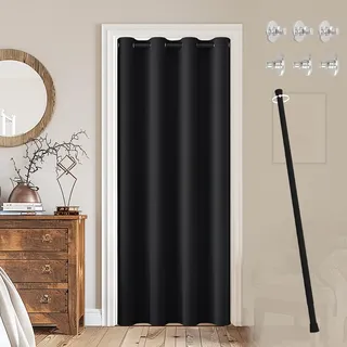 JCyh blickdichter Türvorhang mit Teleskopstange, einfache Montage ohne Bohren, geeignet für Thermovorhang, Falttür, Schrankvorhang, Raumteiler und Küchentür, 1 Stück Türvorhang Schwarz