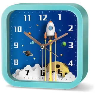 EXQULEG Kinderwecker Jungen Ohne Ticken, Kinder Wecker Weltraum Astronauten, Analoger Wecker Reisewecker für Junge Mädchen und Schüler (Blau,Platz)