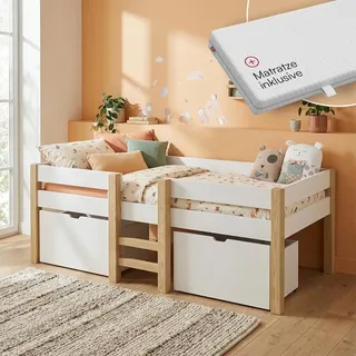 Bellabino Aspy Kinderbett 90x200 cm – Hochbett mit Matratze, 2 Schubladen, Rausfallschutz & Lattenrost – Halbhochbett mit Leiter aus Kiefer Massivholz in Weiß/Natur – Jugendbett mit Stauraum