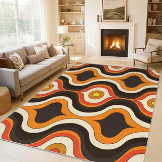 Generisch Teppich Wohnzimmer Retro 70er, Teppich Orange Welle für Schlafzimmer 120x160 cm, Weicher Waschbarer Antirutsch Kurzflor Dekoration Carpet P-&58