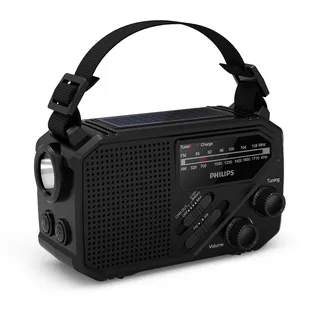 Philips TAR1659 Tragbares FM/AM Radio mit integriertem wiederaufladbarem Akku, AAA-Batterie & Kurbel-Notstrom, Solarenergie, eingebautem LED-Licht & Taschenlampe für Camping, Wandern & Stromausfälle