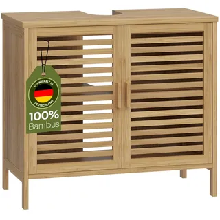 Bellamio Newa Waschbeckenunterschrank Bambus – Badezimmer Unterschrank für Waschbecken mit 2 Türen – Badunterschrank mit 2 Fächern – Waschtischunterschrank Bad 60x65x33 cm