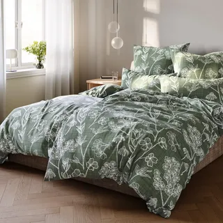 Pure Label Blumen Bettwäsche 155x220 cm mit einem Kissenbezug 40x80 cm - Traumhaft weiches Bettwäsche-Sets 155 x 220 cm in grün aus 100% Baumwolle mit YKK Reißverschluss