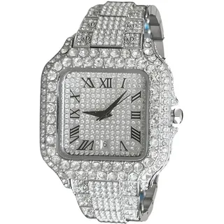 S&T Design Quarzuhr Iced Out Uhr Armbanduhr Herrenuhr Römische Ziffern, (Armbandkürzer, inkl. Lederuhrenbox), Datum, Ice, Quadratisch, Edelstahl, Diamantzirkonia, Wasserdicht 3Bar