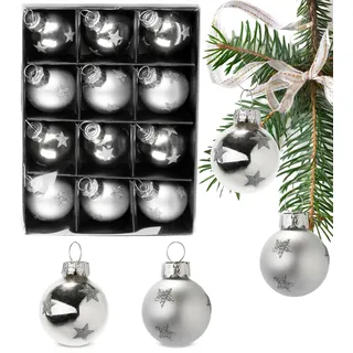 BRUBAKER 12 Stück Weihnachtskugeln - 3 cm Baumkugel Set - Handbemalter Christbaumschmuck Mini Kugeln mit Glitzer Sternen für Weihnachtsbaum - Weihnachtsbaumkugeln aus Glas - Silber