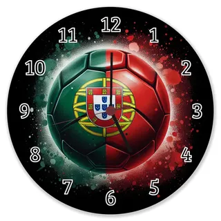 speecheese Wanduhr aus Alu Fußball Portugal Flagge EM 2024 Ball-Motiv | Sportliche in grün-rot - Perfekt für alle portugiesischen Fußballfans