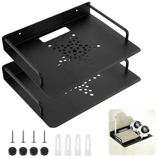 VIDETOL 2 Stück Router Regal Aluminium, 26 x 21 cm Beamer Wandhalterung, Multimedia Regal Wandregal, Wandregal Schwarz für Receiver, Kabel-Boxen und Spielkonsolen