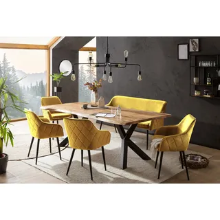 SalesFever Essgruppe, 6 tlg. 240 x 110 cm, - Bezug Samt senfgelb Gestell schwarz Tisch Naturfarben – 368275