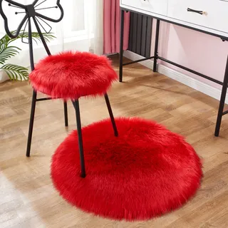 Herfair Teppich EIN Stück Teppich rund Imitat Fellteppich Kunstfell Teppich Wohnzimmer Schlafzimmer Teppiche Faux Schaffell Teppich Kunstfell Dekofell (China Rot,45cm Durchmesser)