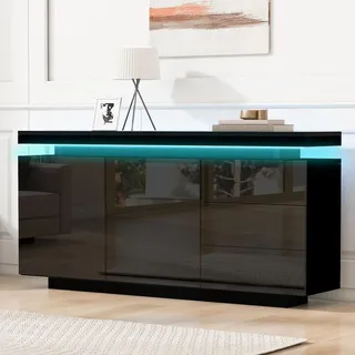 Merax Sideboard mit LED, Kommode mit 2 Türen und 3 Schubladen, Moderne grifflose Anrichte Wohnzimmerschrank, Hochglanz Schwarz - Schwarz