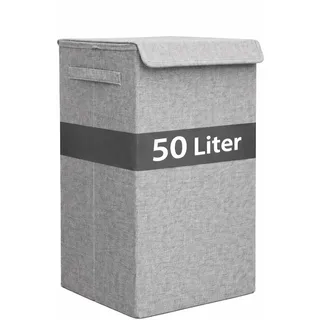 DuneDesign Wäschekorb mit Deckel 50 Liter 30x30x60 cm - Wäschesammler Grau mit stabilem Holzrahmen - faltbare Wäschebox für Badezimmer und Schlafzimmer - schmaler Wäschesortierer mit Deckel