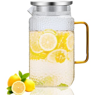 Luvan Wasserkrug, 2 L Glas Krug,Glaskaraffe mit Rostfreier Stahl Deckel, Borosilikatglas Hitzebeständige Karaffe für Teekanne & Saftkanne,Leicht zu reinigen