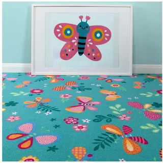 Steffensmeier Teppichboden Sophia, Rechteckig, Schmetterlinge, Kinderzimmer blau 400 cm x 100 cm