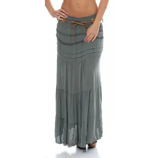Malito – Rock Damen bodenlang aus Baumwolle mit elegantem Strickmuster & Kunstleder Gürtel – Maxi Rock lang mit breitem Bund – Luftiger Sommerrock 1116 (Einheitsgröße 34-40) - 34-40