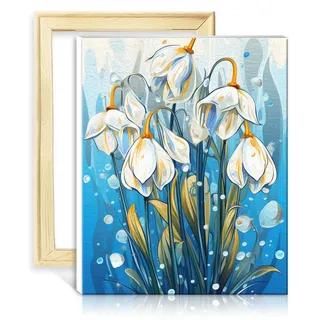 TANGFEIY Ölgemälde-Set auf Leinwand, blaue Schneeglöckchen, DIY-Ölgemälde für Erwachsene, Malen nach Zahlen mit 3 Pinseln und Acrylfarben, lebendige Wandkunst, ohne Rahmen (30 x 40 cm)